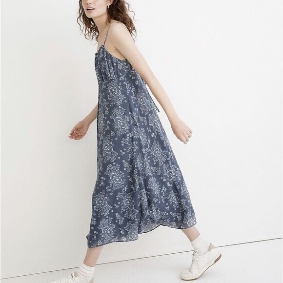 MADEWELL Dress Womens 8 Tie-Back Button-Front Midi NEW Blue Floral NE783 - Picture 2 of 16
